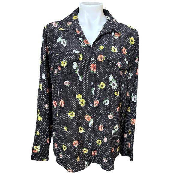 The Kooples Women's Silk Polka Dot Black Floral Long Sleeve Shirt Size M - Picture 1 of 6